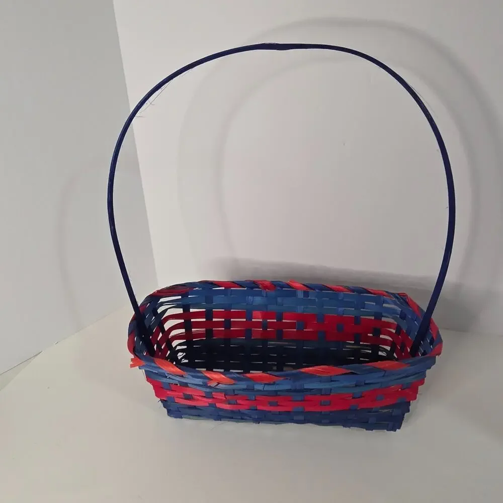 Red Blue Woven Wicker Basket Tall Handle Patriotic Americana Decor